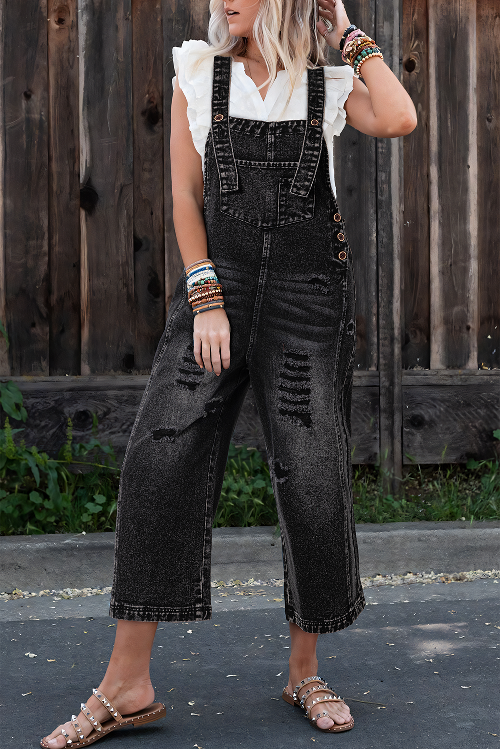 Stone Blue Distressed Bib Pocket Wide Leg Denim Overall - loveforevers