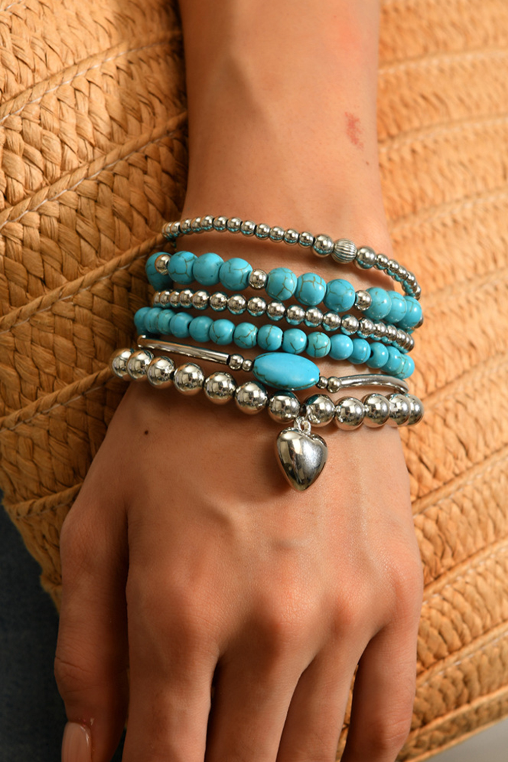 Silvery Pleated Heart Charm Beaded Turquoise Multilayer 6pcs Bracelet Set - loveforevers
