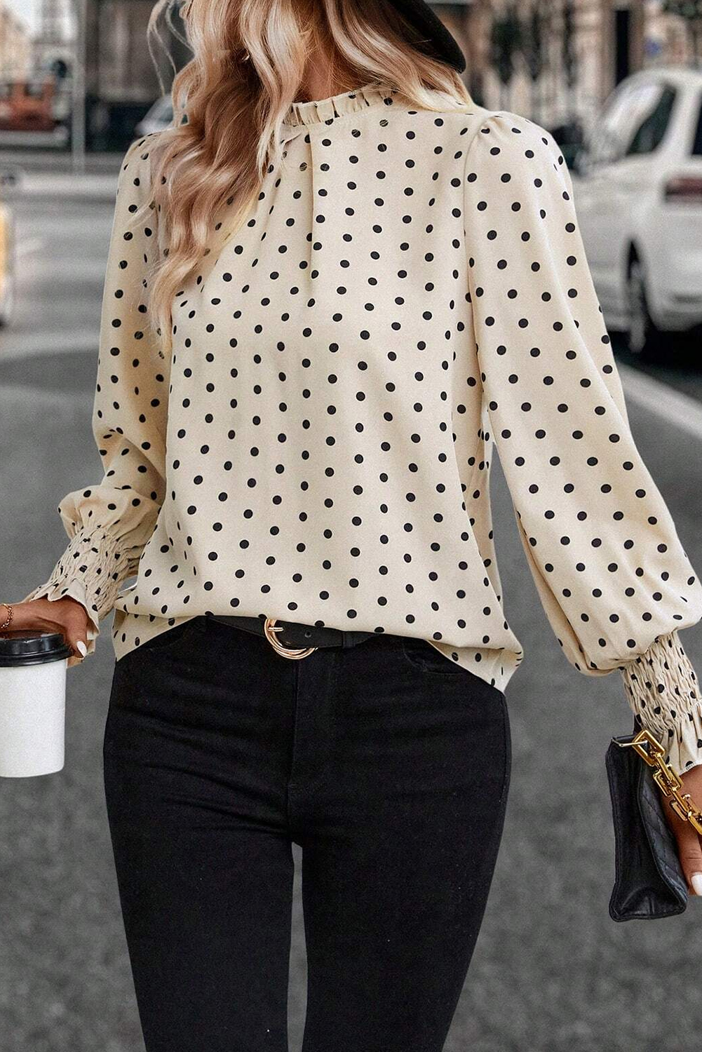 Apricot Polka Dot Print Frilled Collar Lantern Sleeve Blouse - loveforevers