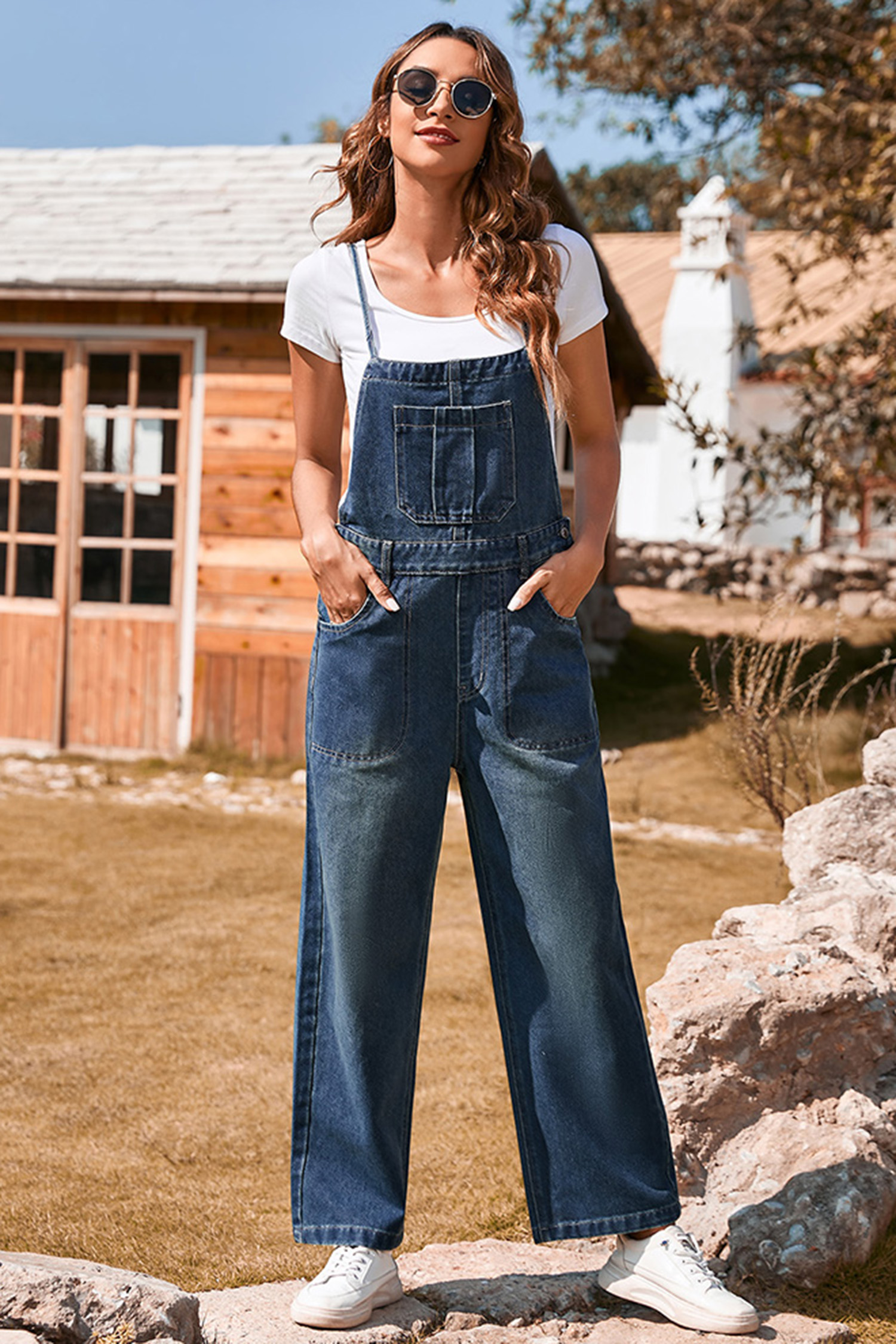 Dark Blue Crossed Tie Straps Bib Pocket Loose Denim Overalls - loveforevers