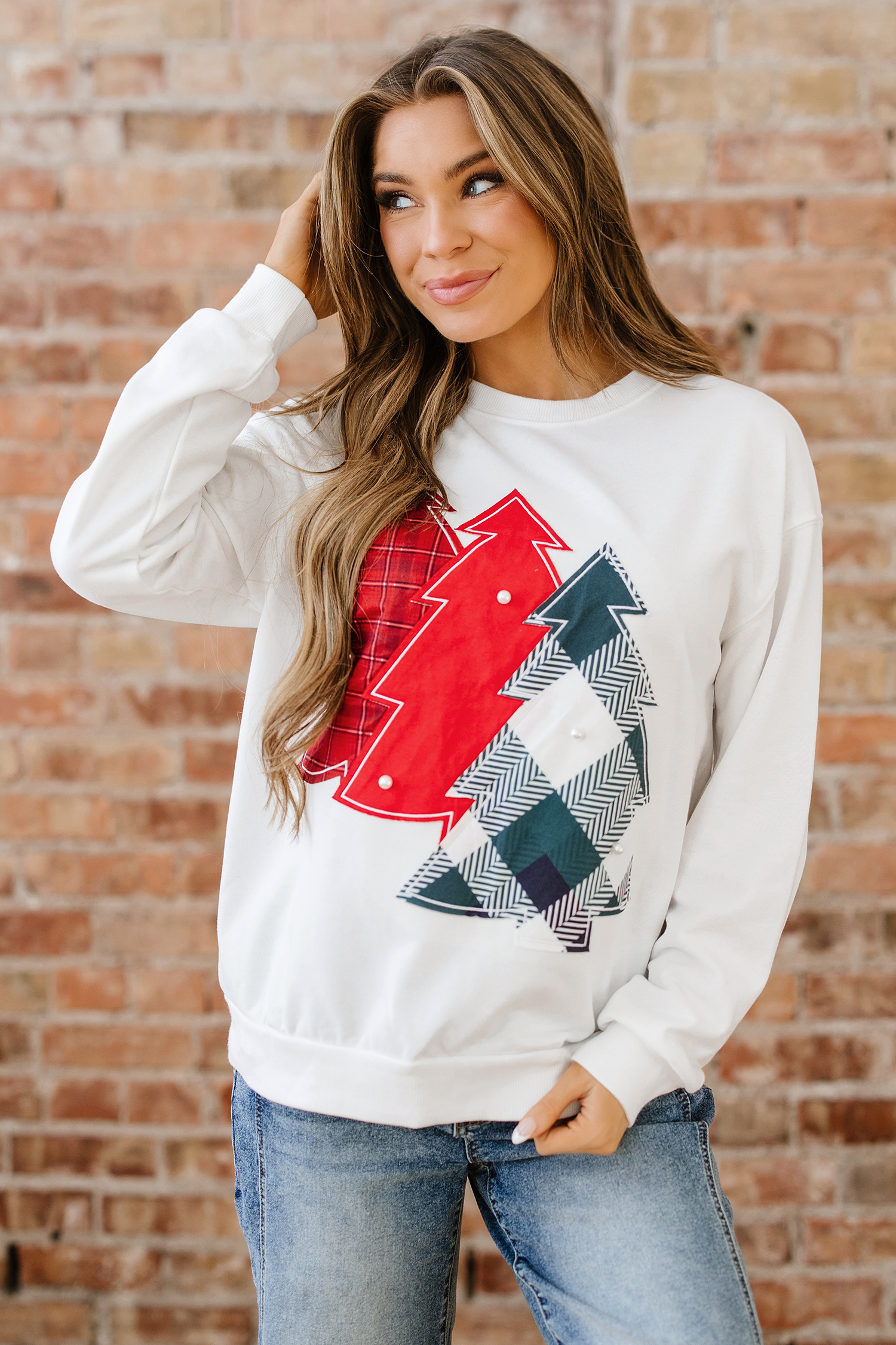 White Pearl Plaid Christmas Tree Patched Drop Shoulder Sweatshirt - loveforevers