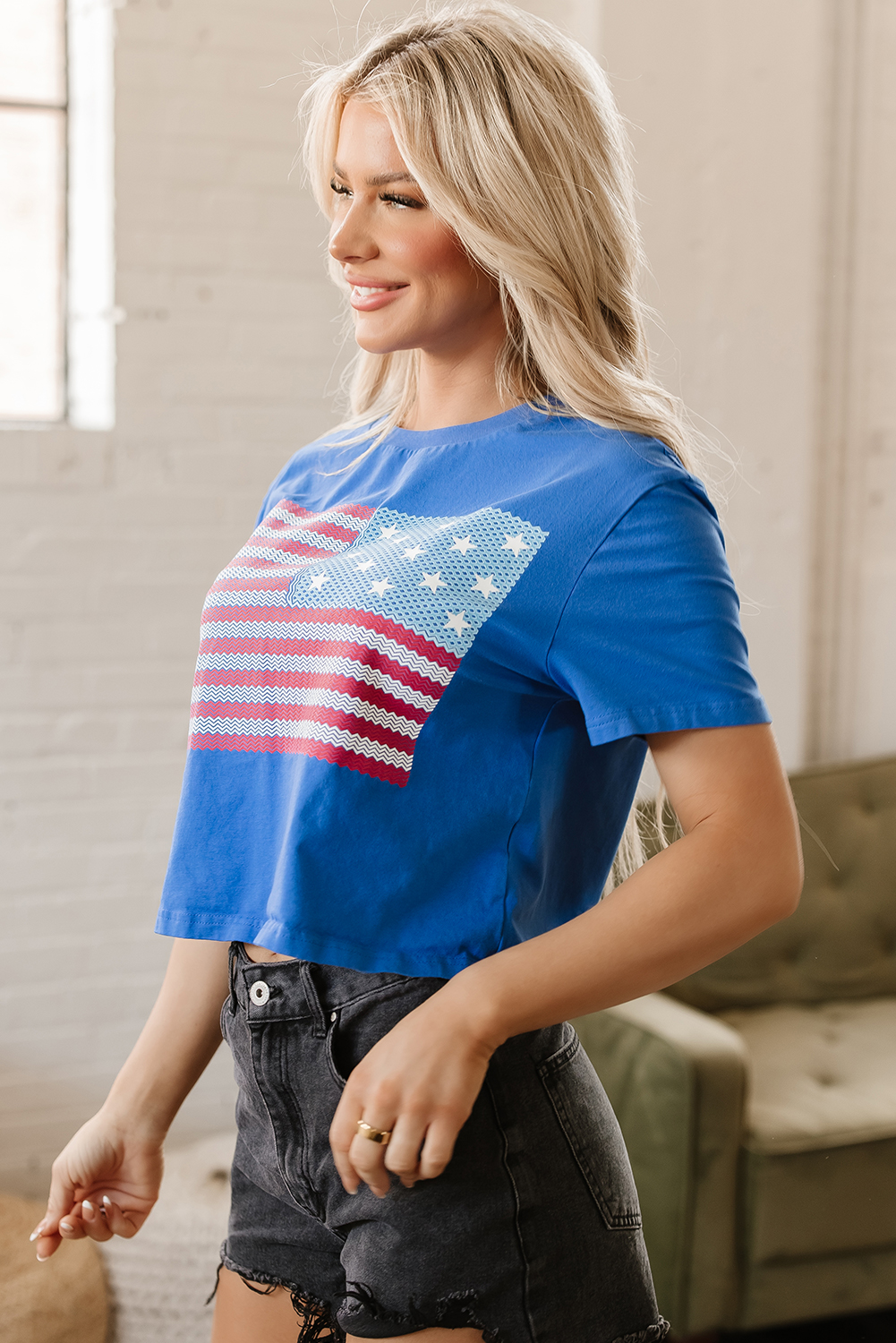 Real Teal American Flag Pattern Crewneck Tee - loveforevers