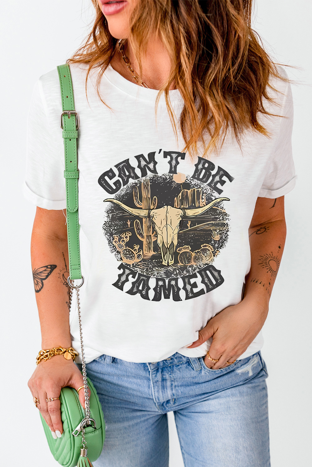 White Cant Be Tamed Western Steer Head Crew Neck T Shirt - loveforevers