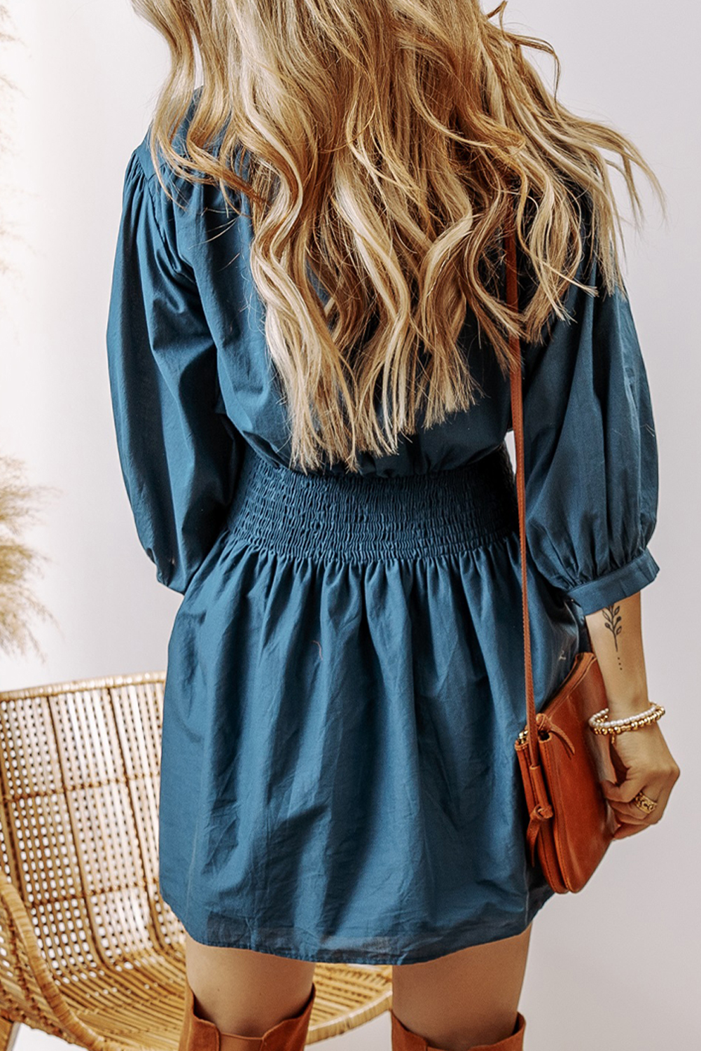 Prussian Blue 3/4 Sleeve Shirred High Waist Buttoned Mini Dress - loveforevers