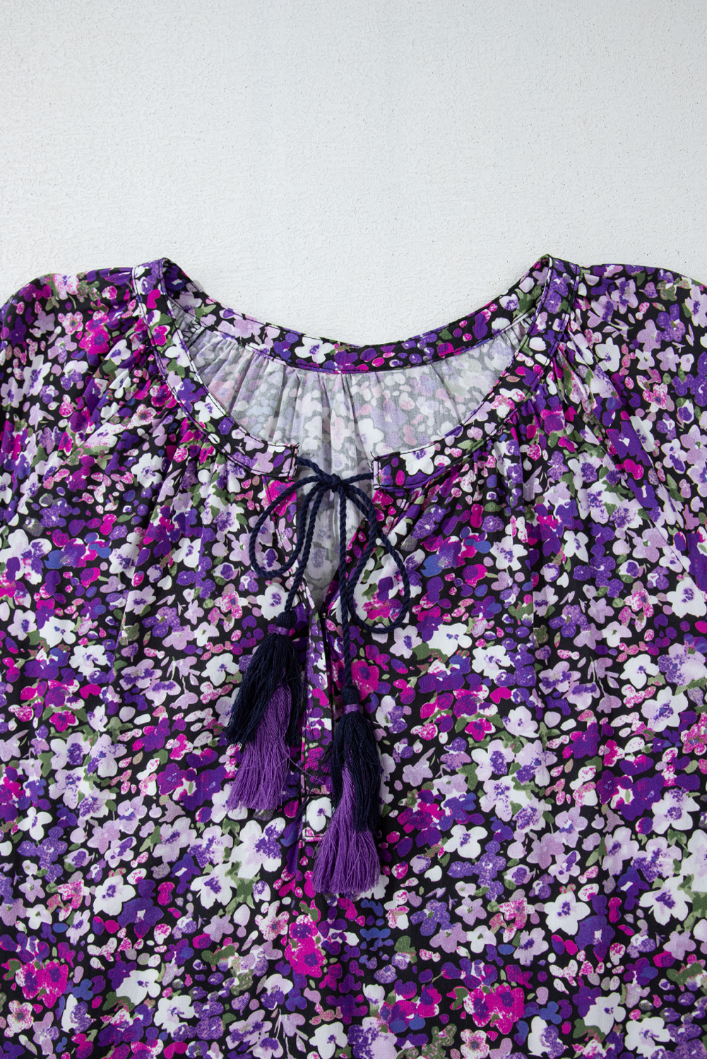 Purple Boho Flower Split V Neck Bubble Sleeve Blouse - loveforevers