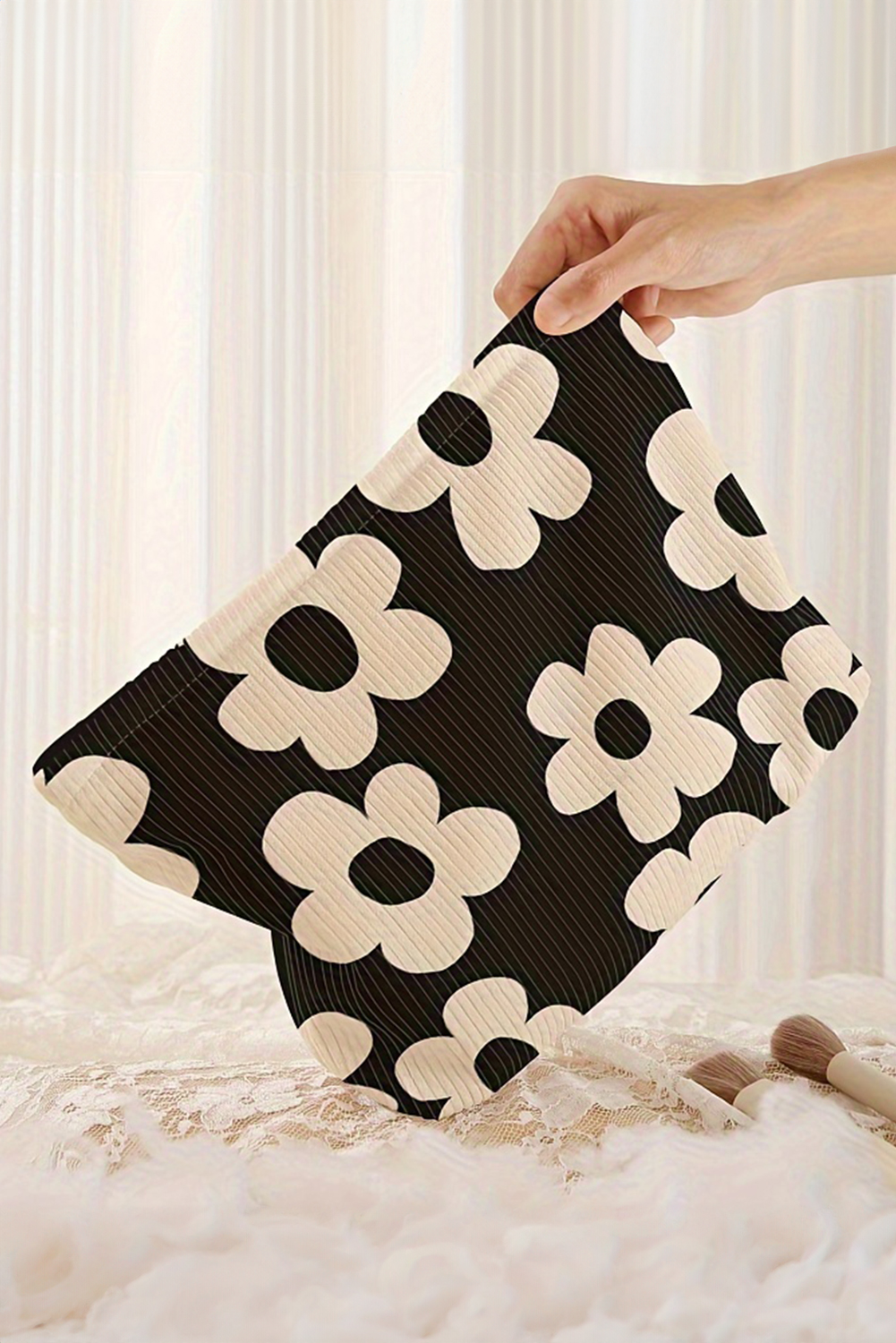 Red Flower Printed Rib Textured Cosmetic Bag - loveforevers