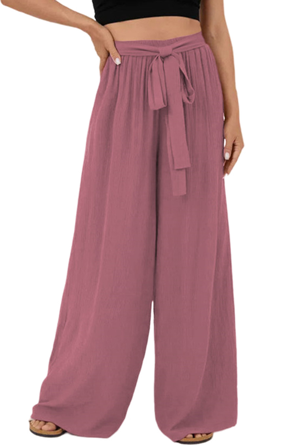 Rose Tan High Waisted Tie Front Side Pocket Wide Leg Flowy Casual Pants - loveforevers