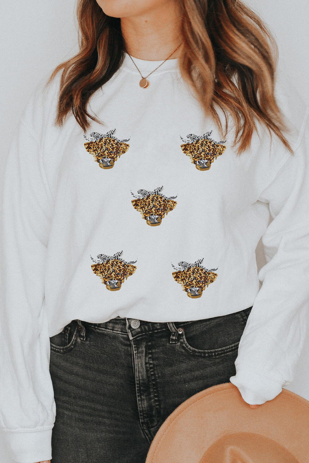 White Sequin Heifer Patched Drop Shoulder Sweatshirt - loveforevers