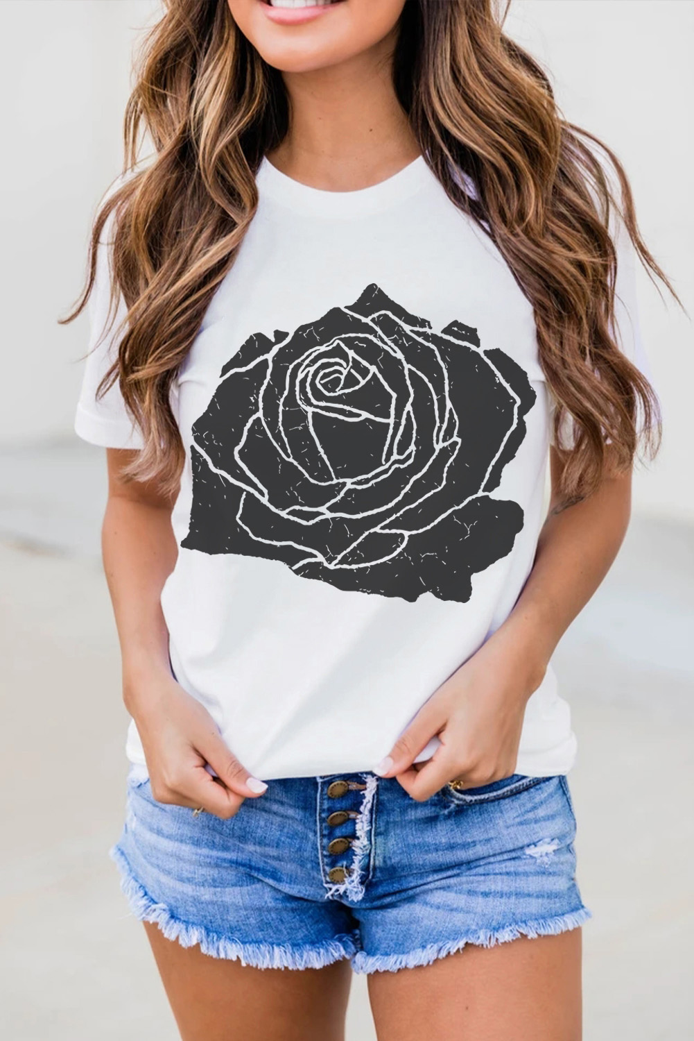 White Large Rose Print Round Neck T Shirt - loveforevers