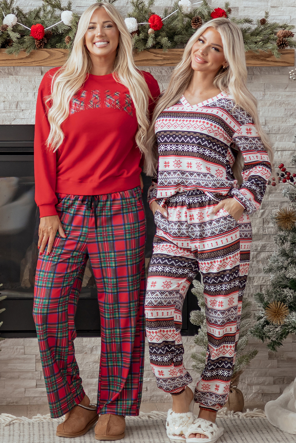 Red Plaid Mama Graphic Christmas Holiday Crewneck Pullover and Pants Two Piece Lounge Set - loveforevers