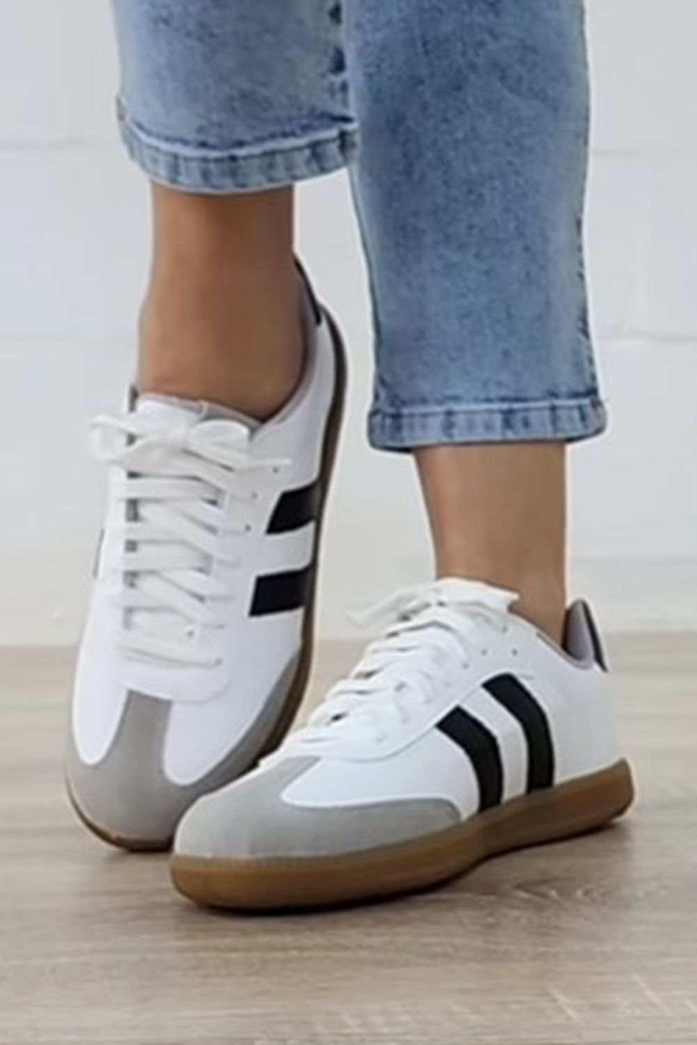 White Striped Lace-up Flat Sneakers - loveforevers
