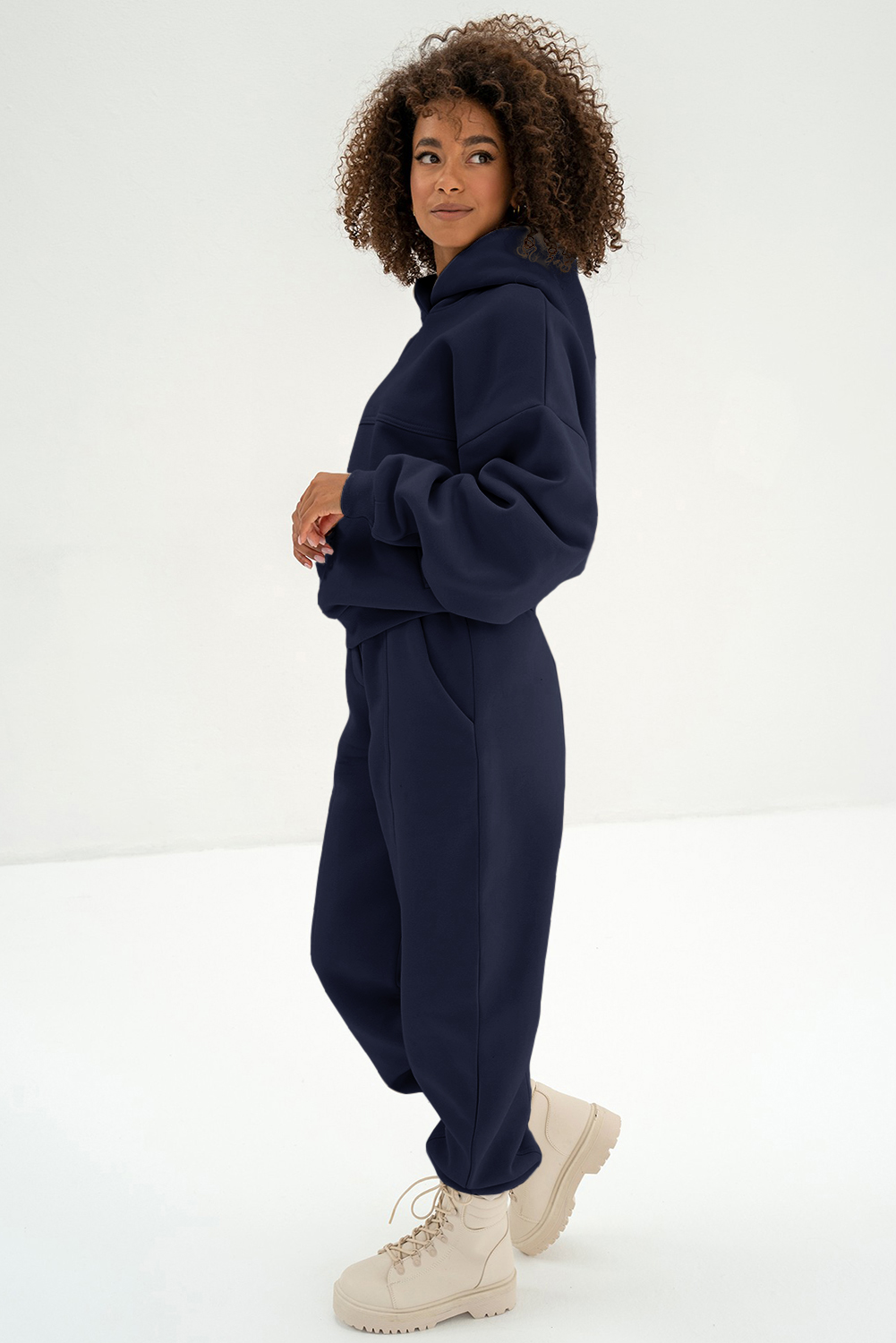 Navy Blue Solid Exposed Seams Hoodie and Joggers Activewear Set - loveforevers