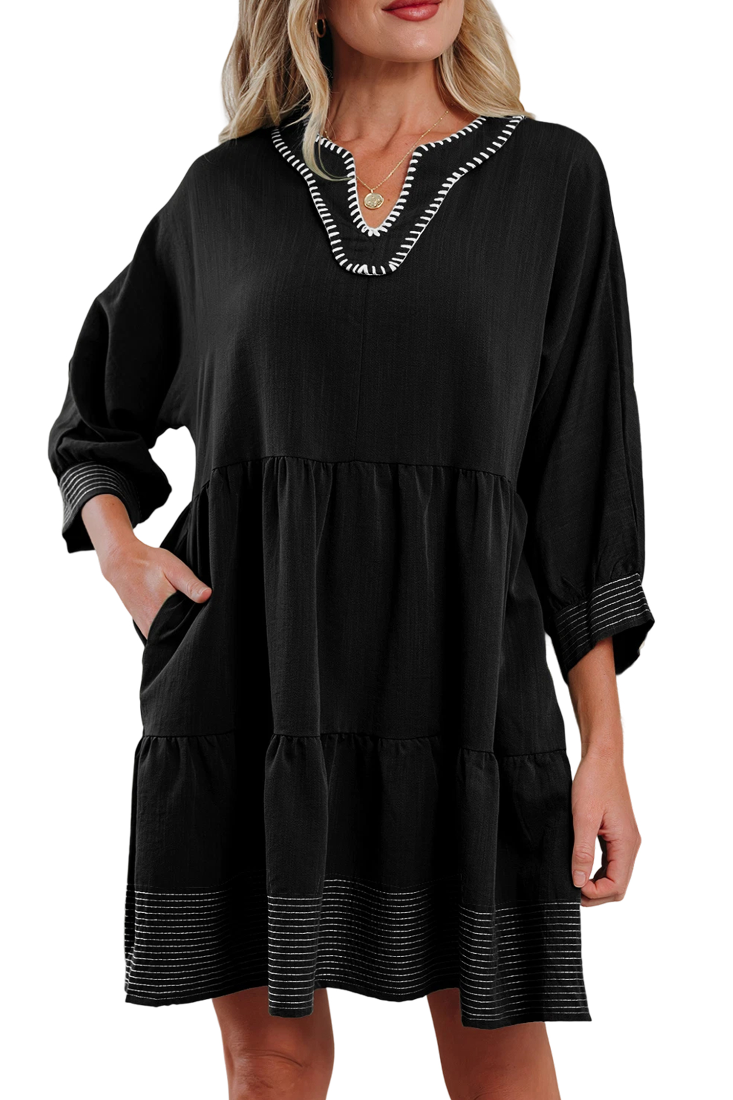 Black Contrast Stitched V Neck 3/4 Sleeve Tiered Mini Dress - loveforevers