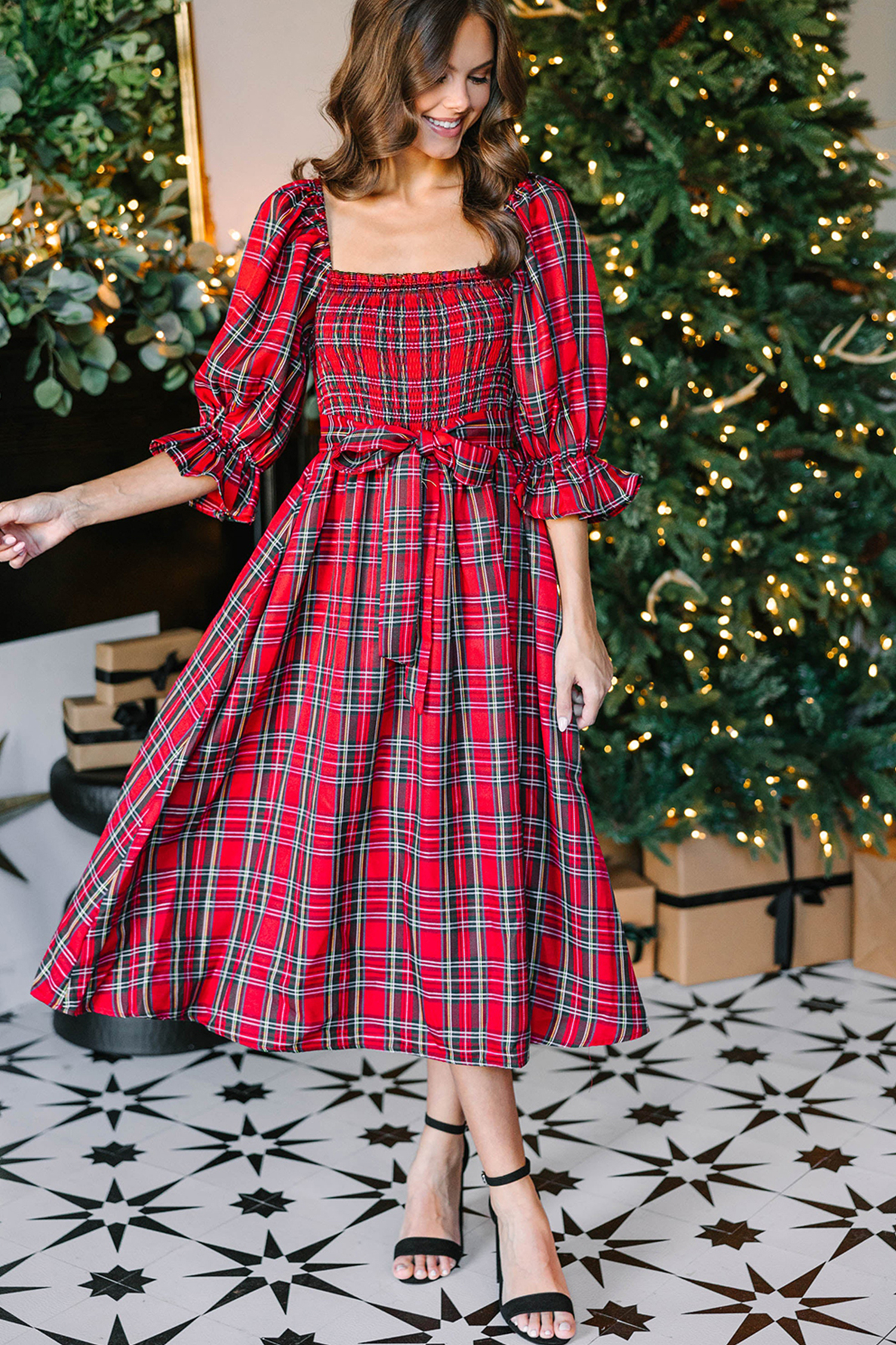 Red Tartan Plaid Square Neck Puff Sleeve Knot Waist Flared Midi Dress - loveforevers