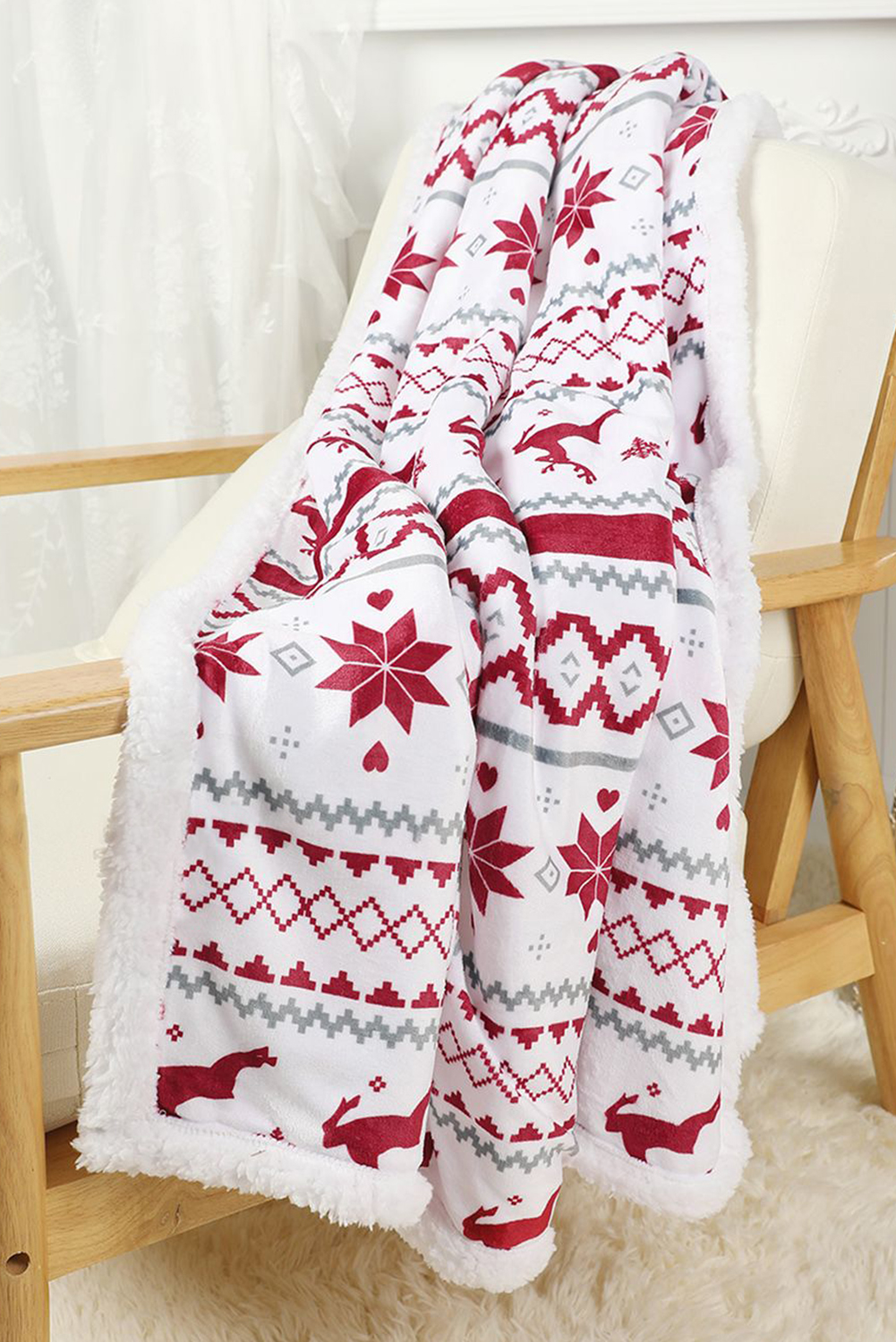 White Christmas Reindeer Snowflake Printed Sherpa Blanket - loveforevers