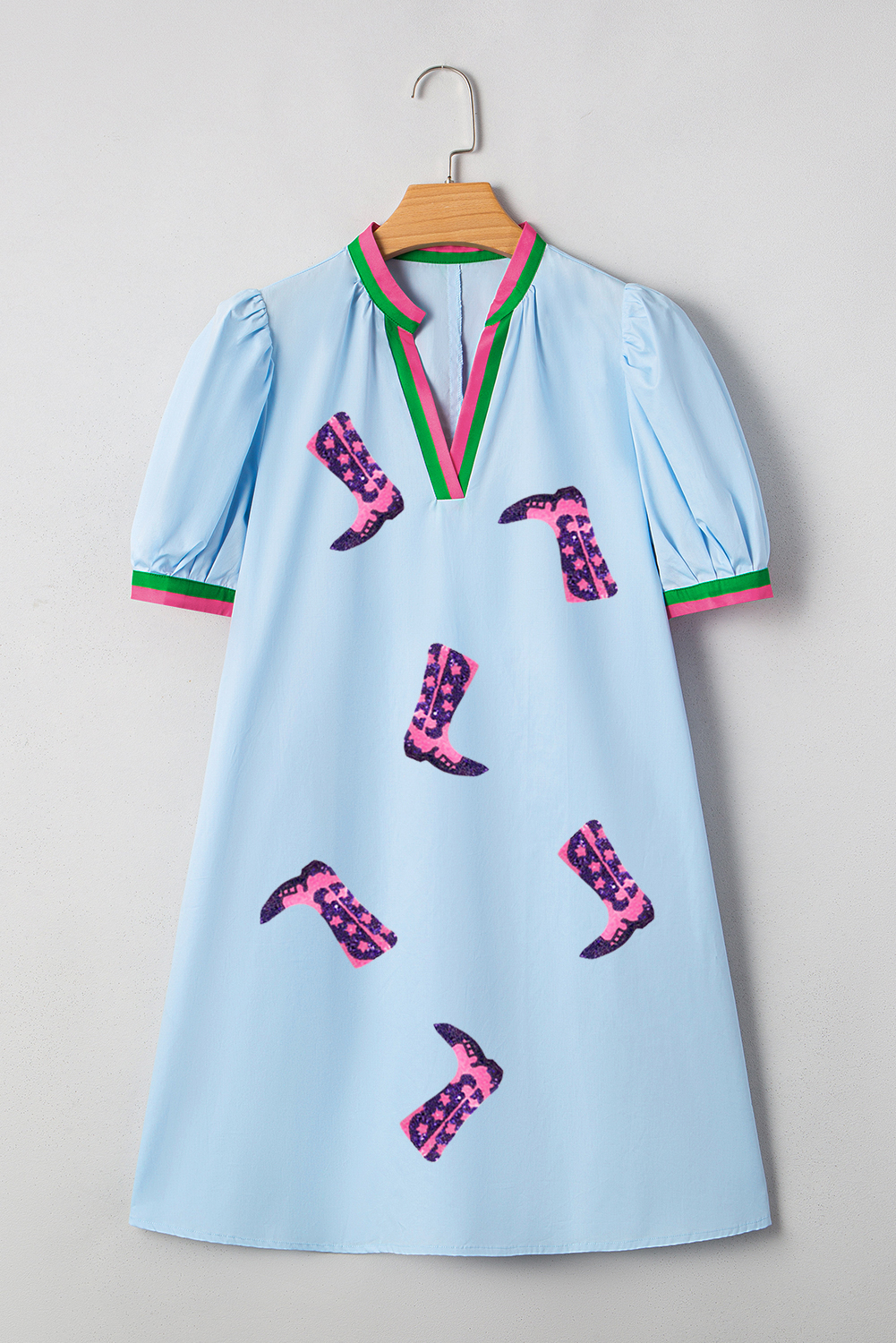 Myosotis Sequined Cowgirl Boots Pattern Contrast V Neckline Half Puff Sleeve Dress - loveforevers