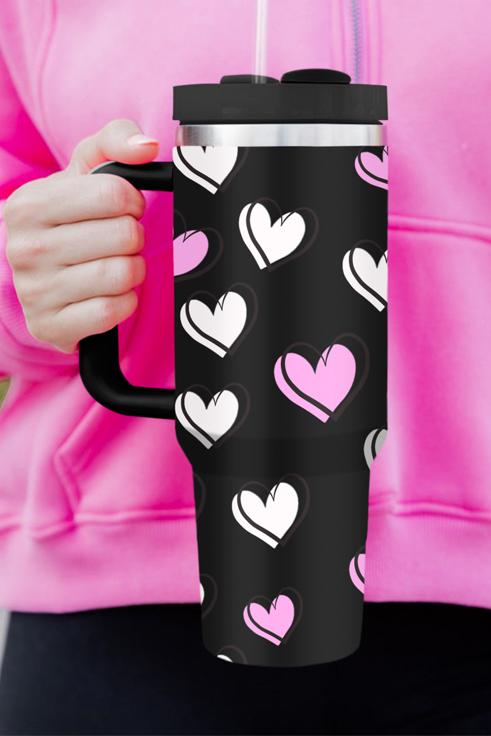 Black Valentines Heart Printed Thermos Cup with Handle 40oz - loveforevers