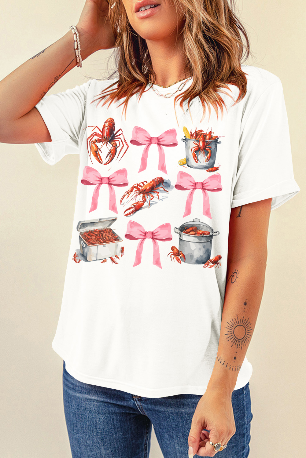 White Crawfish Boil Bow Graphic Crewneck Tee - loveforevers