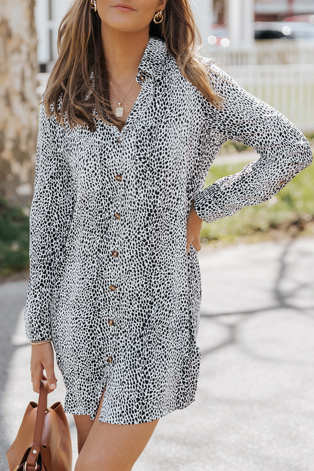 Long Sleeve Leopard Animal Print Shirt Dress - loveforevers