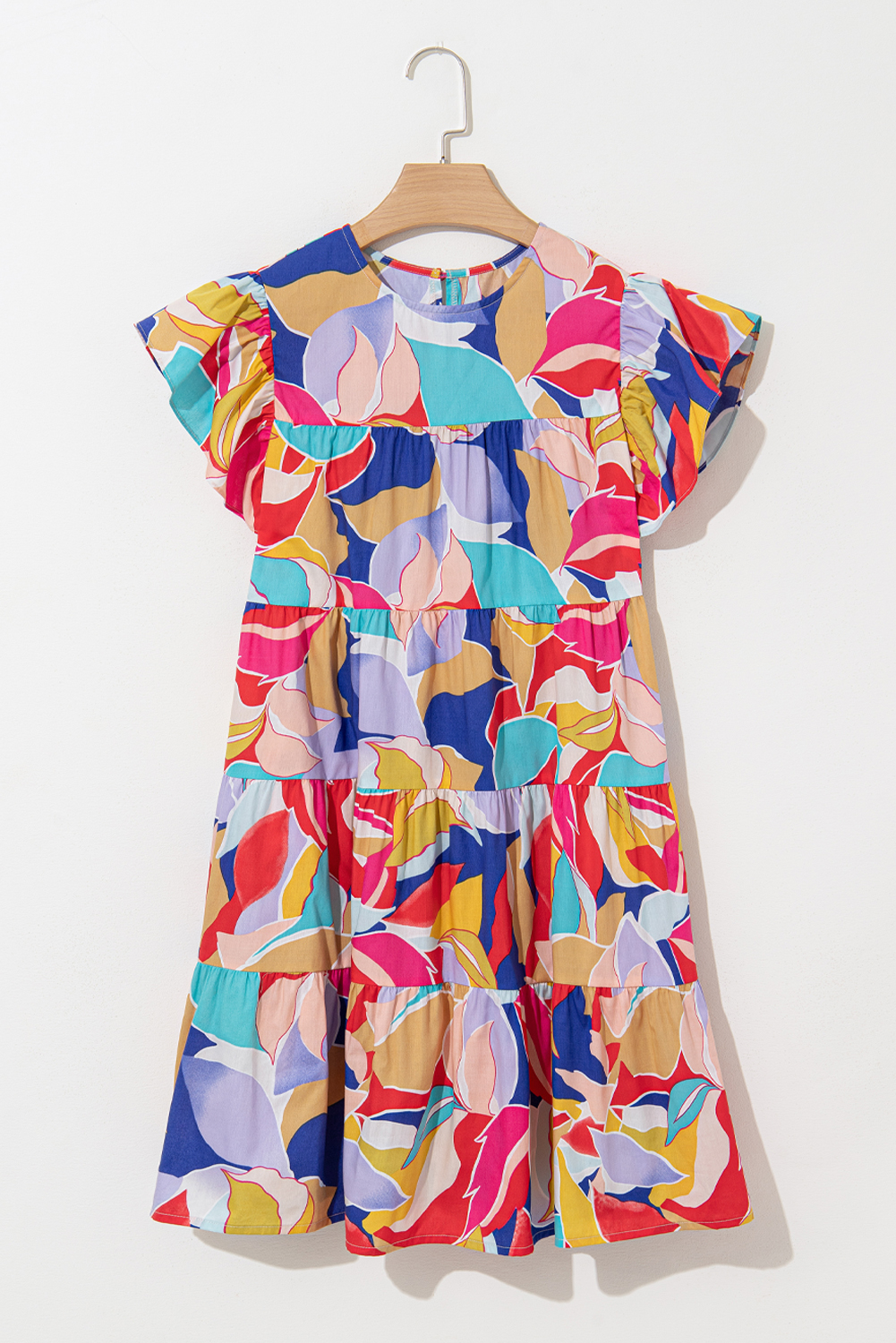 Pink Abstract Printed Ruffled Flutter Sleeve Tiered Mini Dress - loveforevers