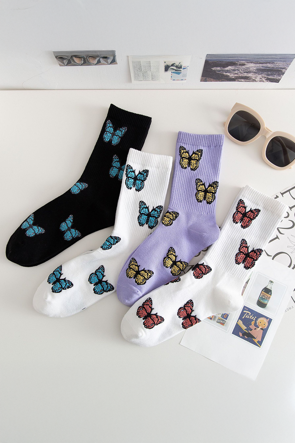 White Butterfly Pattern Ribbed Edge Soft Crew Socks - loveforevers