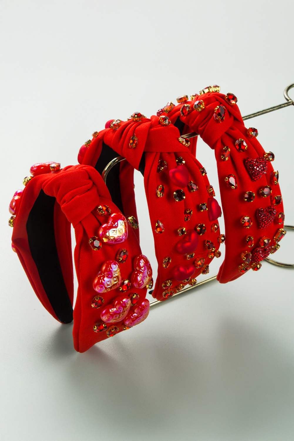 Fiery Red Rhinestone Heart Glass Drill Studded Knotted Wide Headband - loveforevers