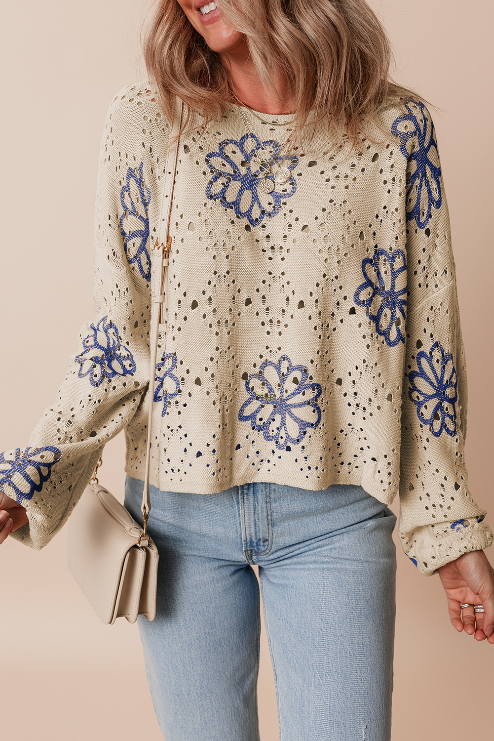 Beige Contrast Flower Print Eyelet Drop Shoulder Sweater - loveforevers