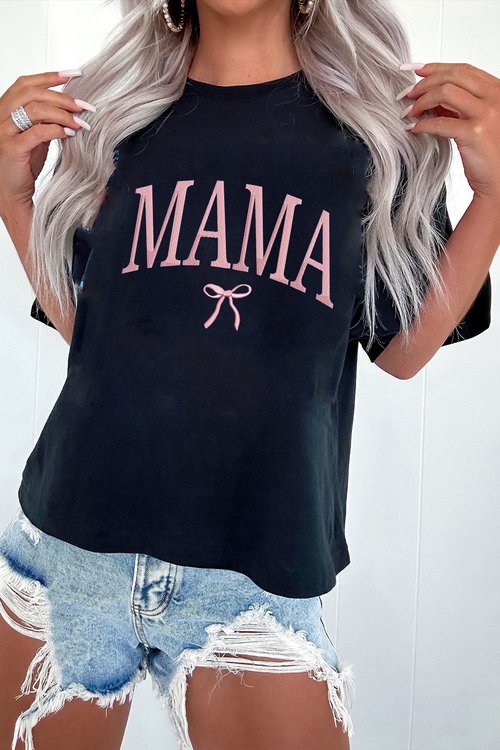 Black MAMA Bow Embroidered Crewneck Tee - loveforevers