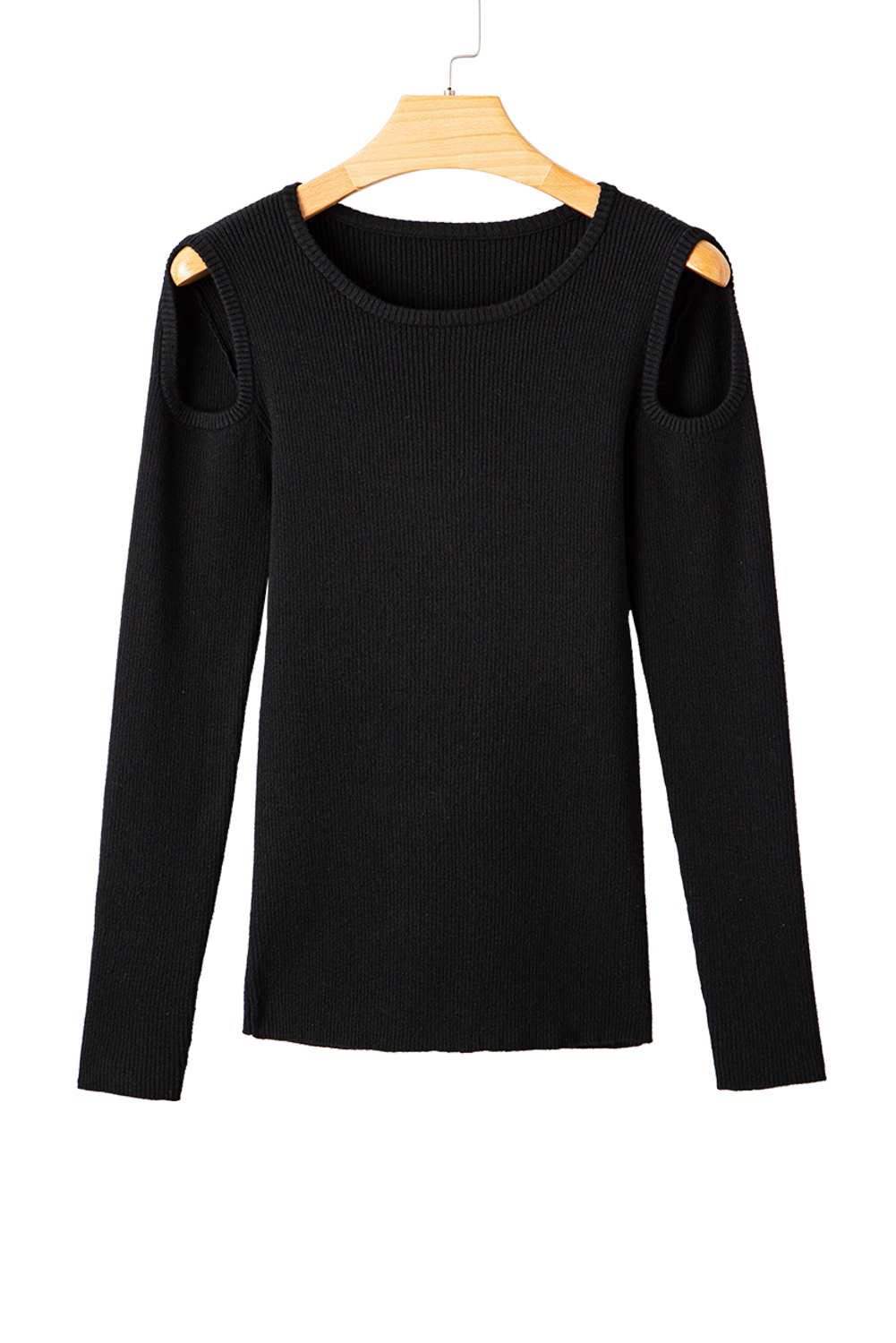 Black Ribbed Knit Cold Shoulder Sweater - loveforevers
