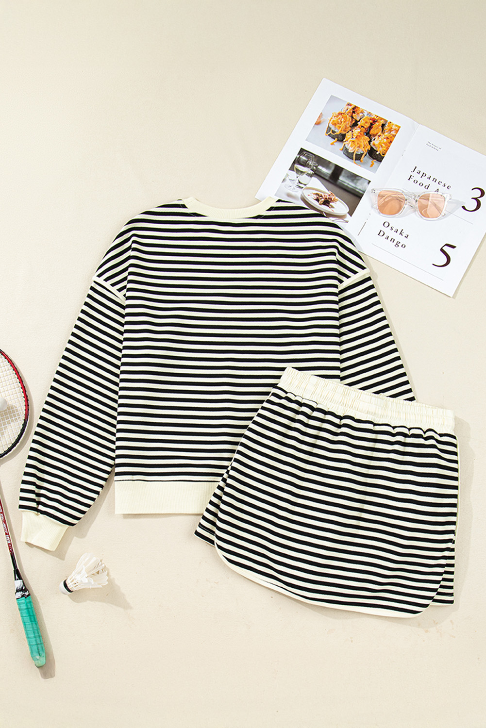 Black Stripe Textured Drop Shoulder Pullover Top Drawstring Mini Skort Two Piece Dress Set - loveforevers