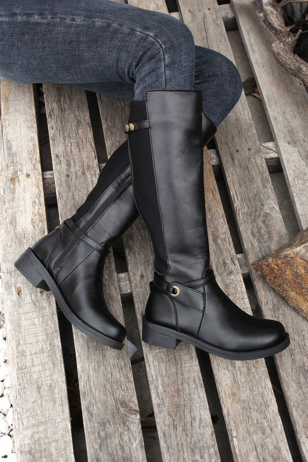 Black Side Zipper Knee High Chunky Low Heel Boots - loveforevers