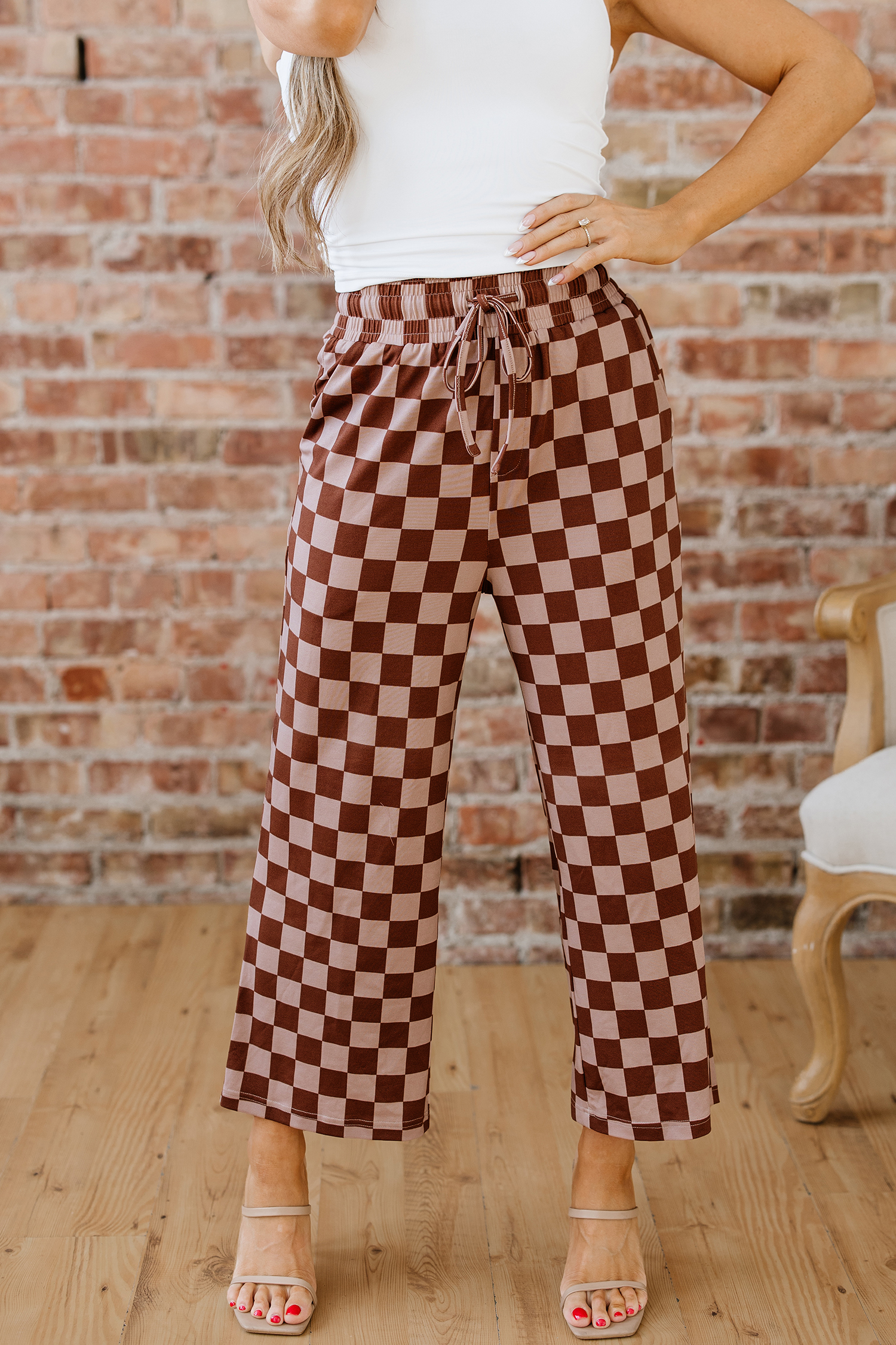 Khaki Checkered Elastic High Waist Loose Casual Pants - loveforevers