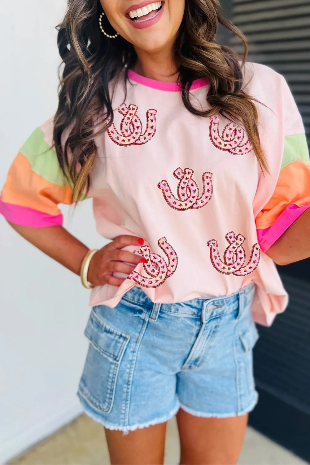 Pink Sequined Horseshoes Pattern Colorblock Half Sleeve Patchwork Tee - loveforevers