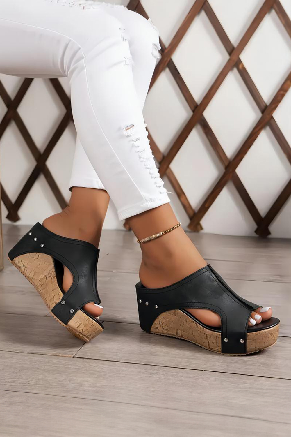 Chestnut Hollow Out Studded PU Leather Wedge Slippers - loveforevers