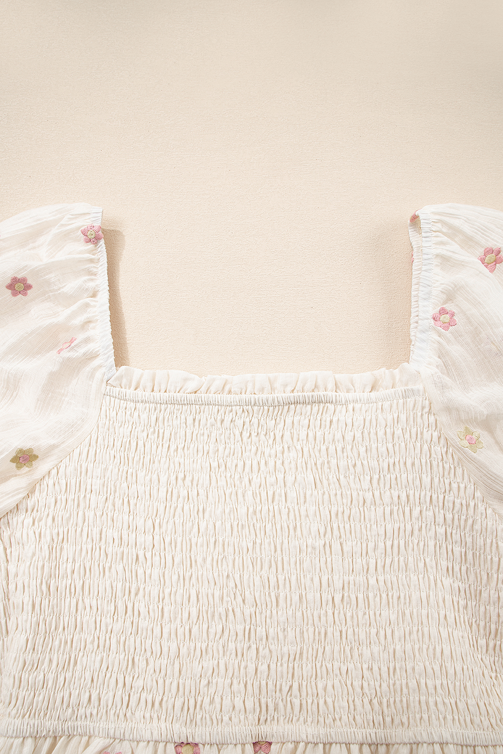 Beige Embroidered Flower Smocked Bust Half Puff Sleeve Empire Waist Textured Flowy Dress - loveforevers