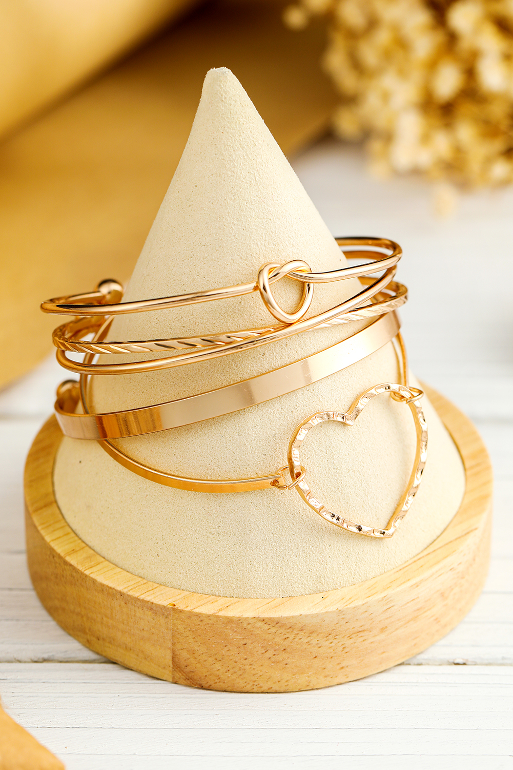 Gold Heart Knot Plated Multi Layer Open Cuff Bracelet Set - loveforevers