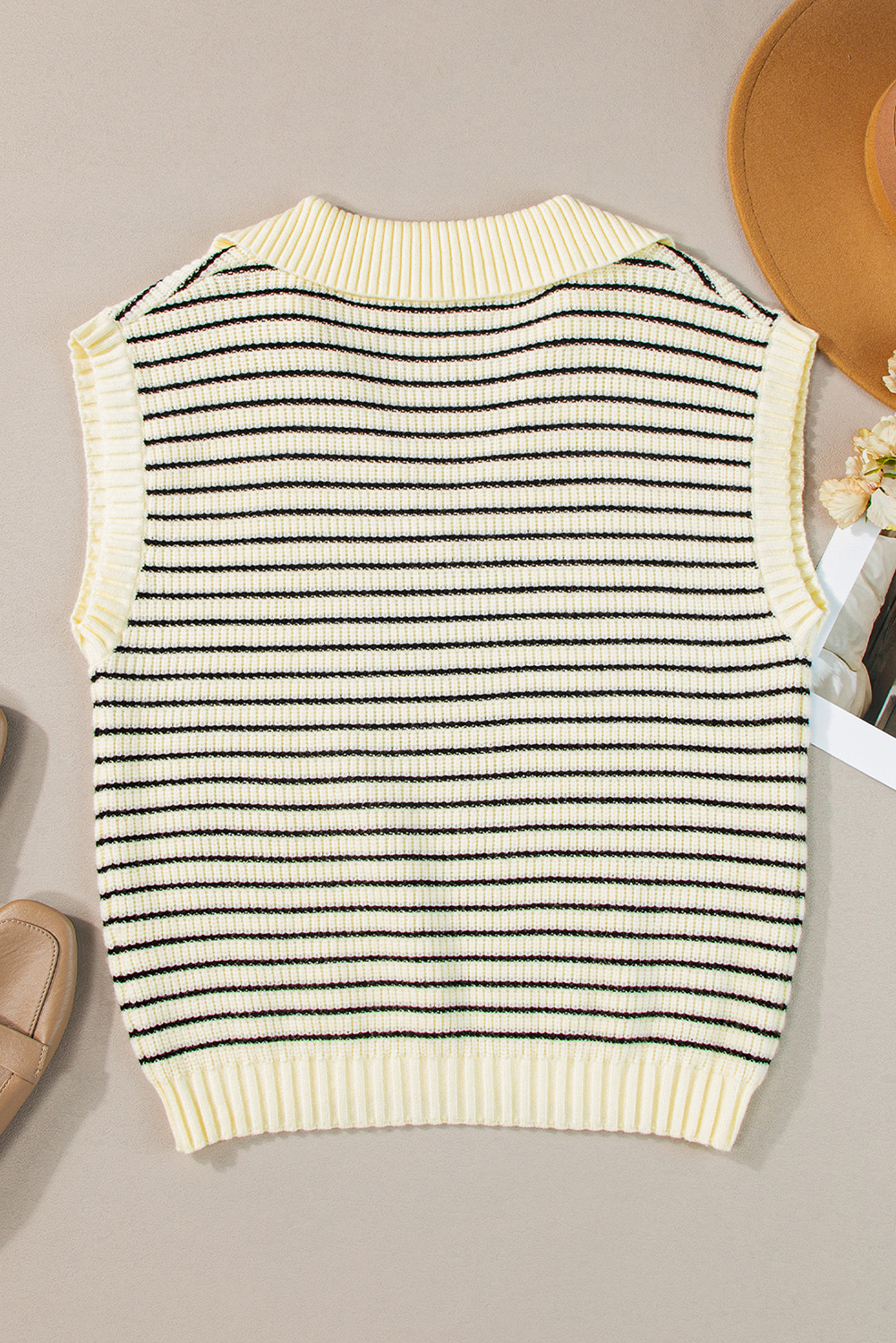 Beige Stripe Turn-down V Neck Sweater Tank Top - loveforevers