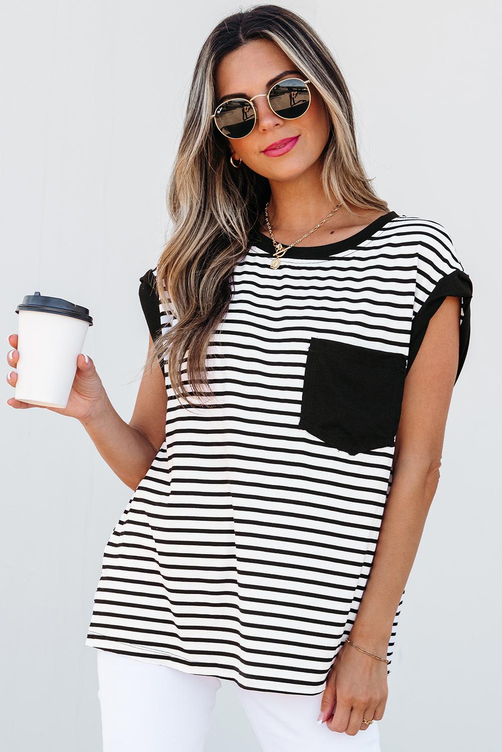 Red Stripe Chest Pocket Patch Round Neck Tank Top - loveforevers