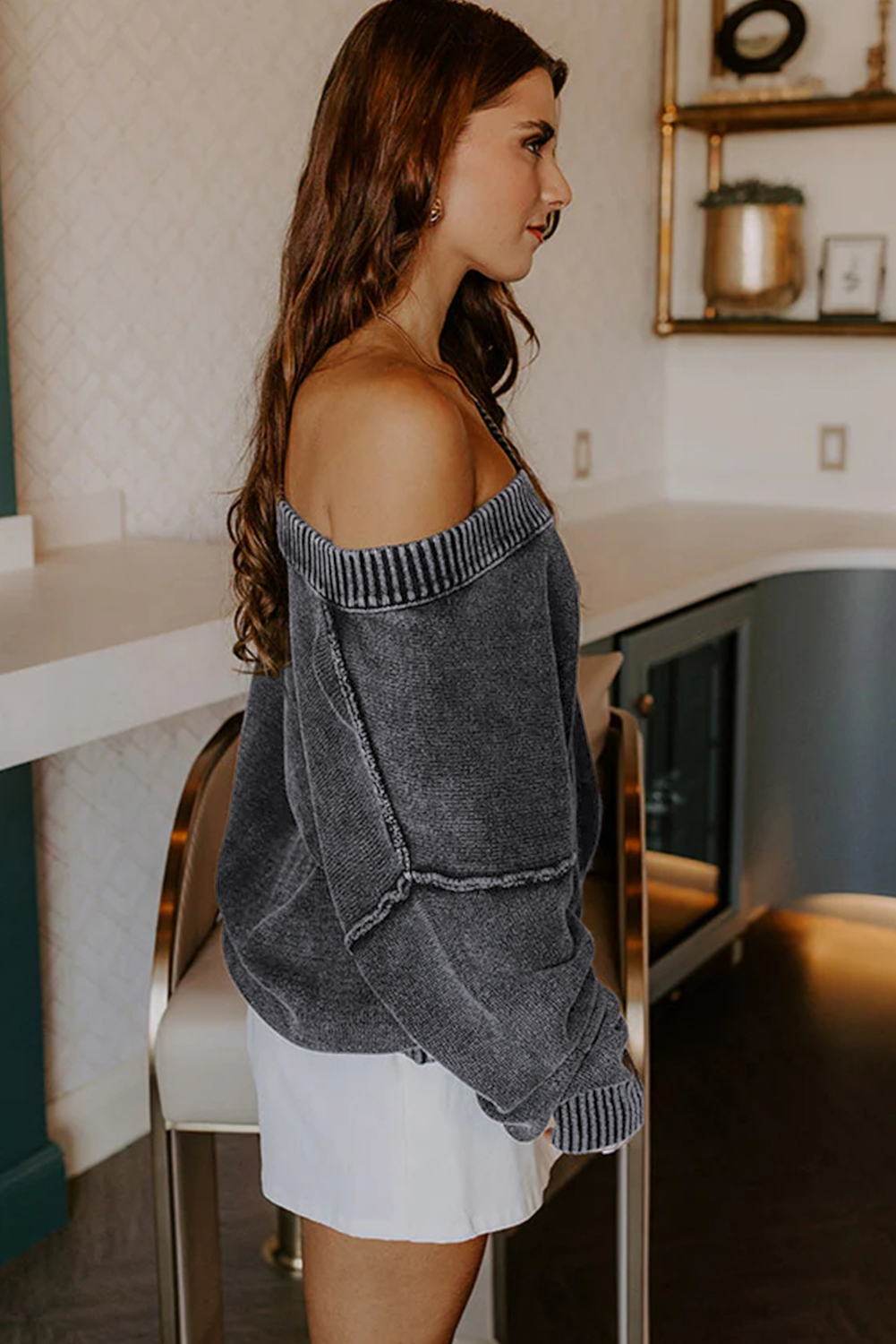Four Leaf Clover Mineral Wash V Neck Knit Exposed Seam Drop Shoulder Loose Sweater - loveforevers