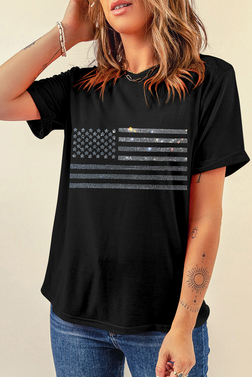Black Glittering Rhinestone American Flag Pattern T Shirt - loveforevers