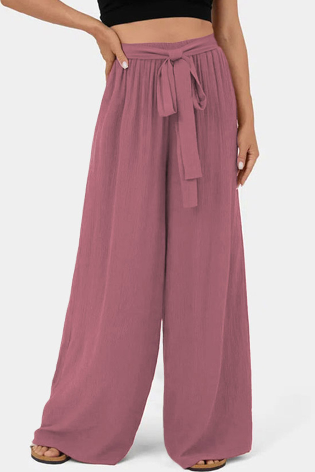 Rose Tan High Waisted Tie Front Side Pocket Wide Leg Flowy Casual Pants - loveforevers
