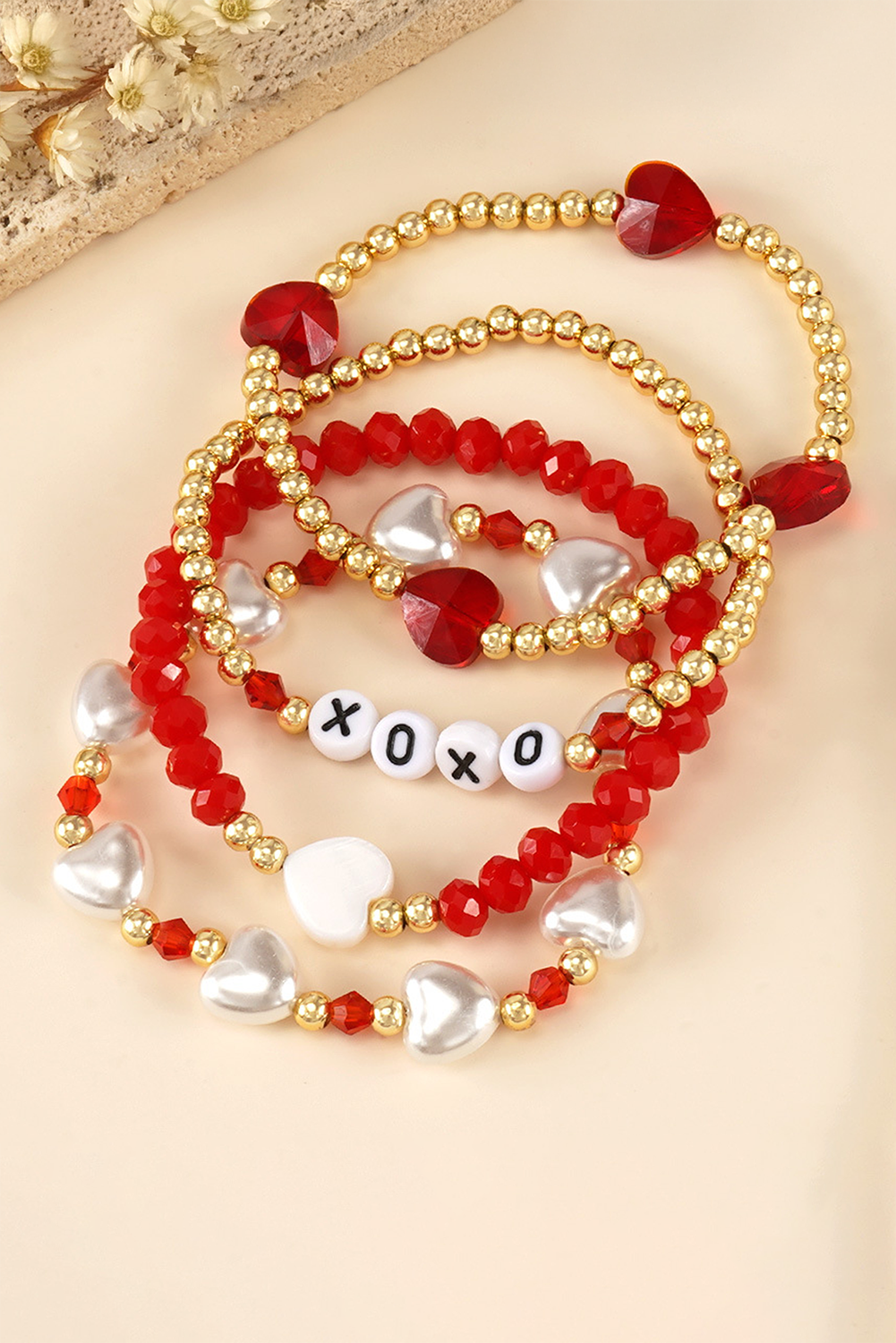 Fiery Red XOXO Heart Beaded 4pcs Layered Bracelet - loveforevers