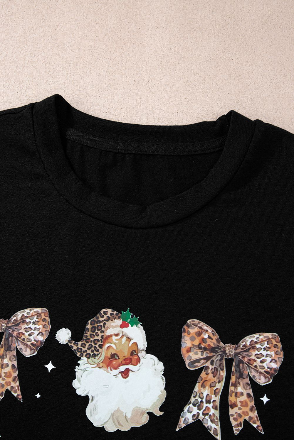Black Santa Claus Leopard Bow Print Crew Neck Casual T Shirt - loveforevers