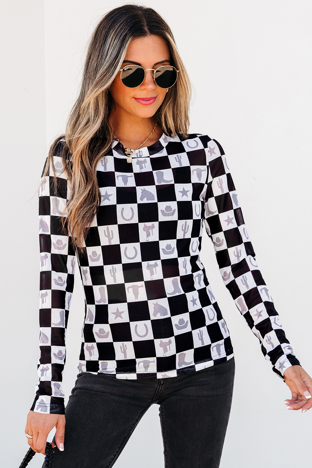 Khaki Checkered Pattern Mesh Mock Neck Long Sleeve Top - loveforevers
