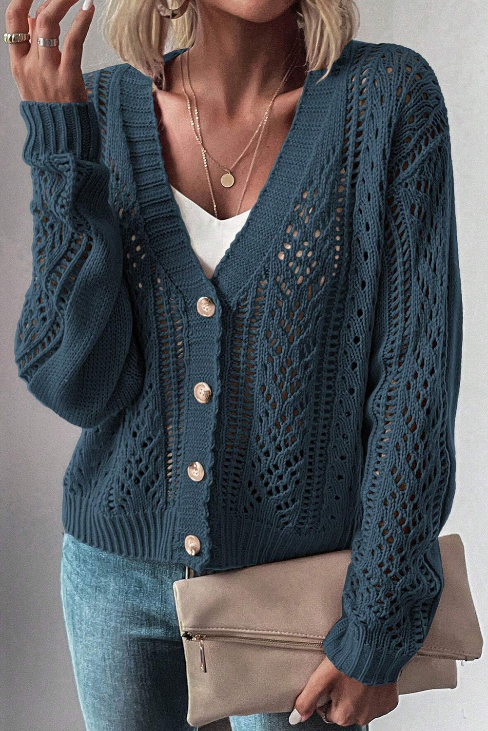 Dark Khaki Open Knit Drop Shoulder Sweater Cardigan - loveforevers