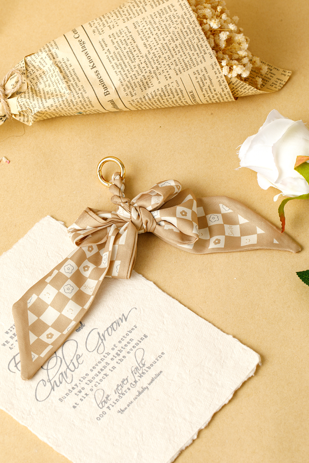 Smoke Gray Checkered Flower Bow Knot Keychain - loveforevers