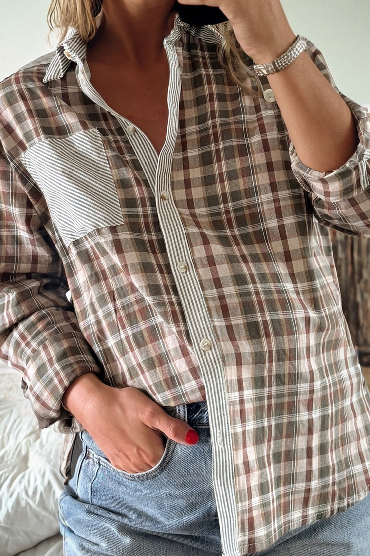 Brown Plaid Print Striped Patchwork Single Chest Pocket Buttoned Shirt - loveforevers