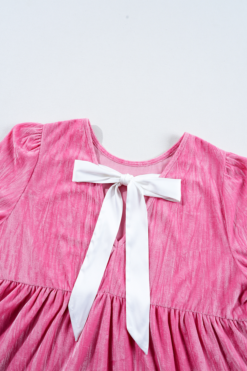 Strawberry Pink Flounce Sleeve Tiered Ruffled Velvet Mini Dress - loveforevers