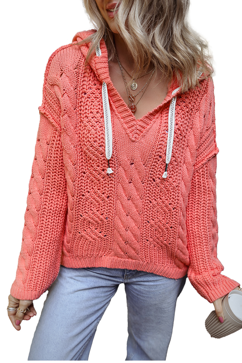 Gold Flame Cable Knit V Neck Contrast Drawstring Hooded Sweater - loveforevers