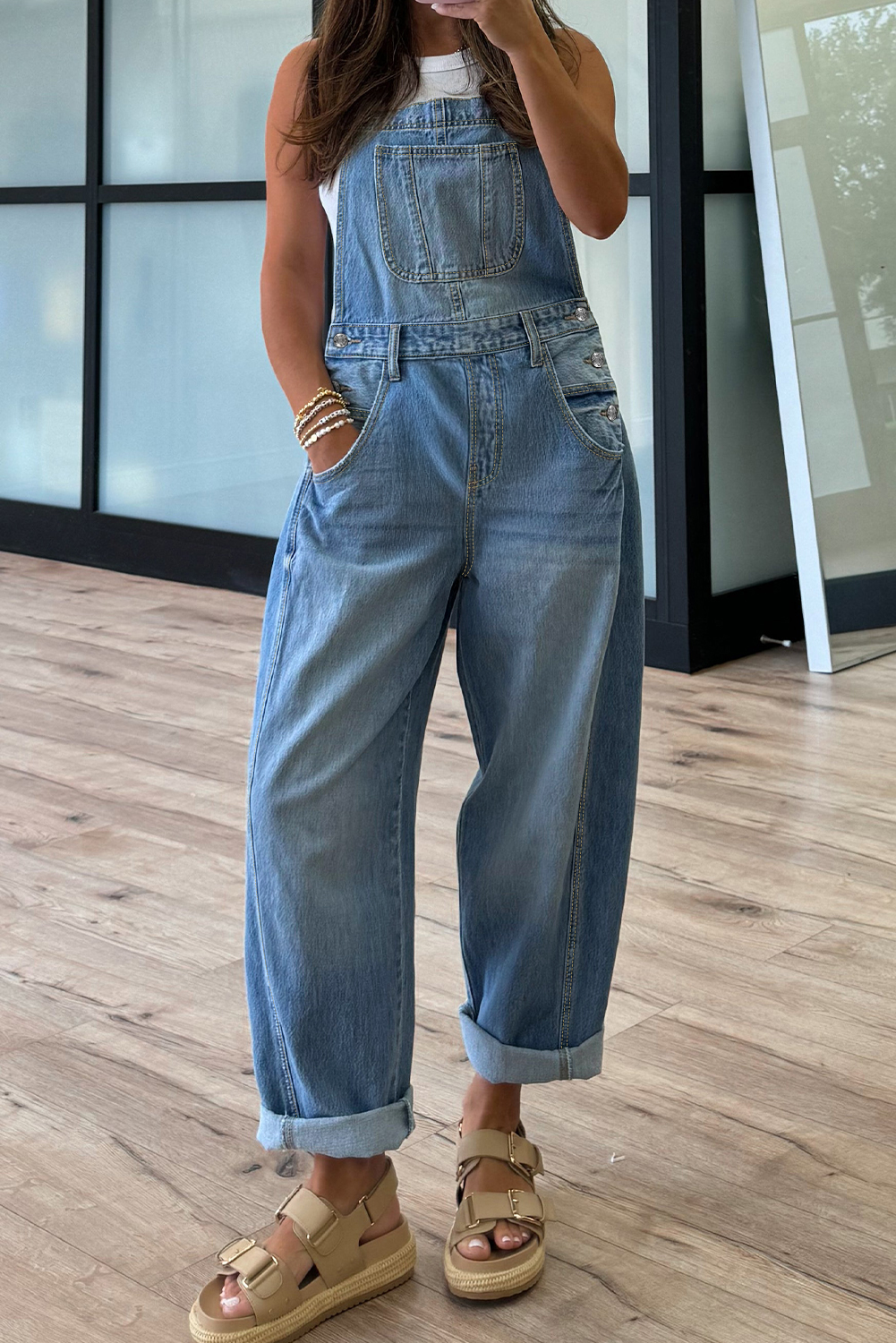 Dusk Blue Adjustable Buckle Barrel Denim Overalls - loveforevers